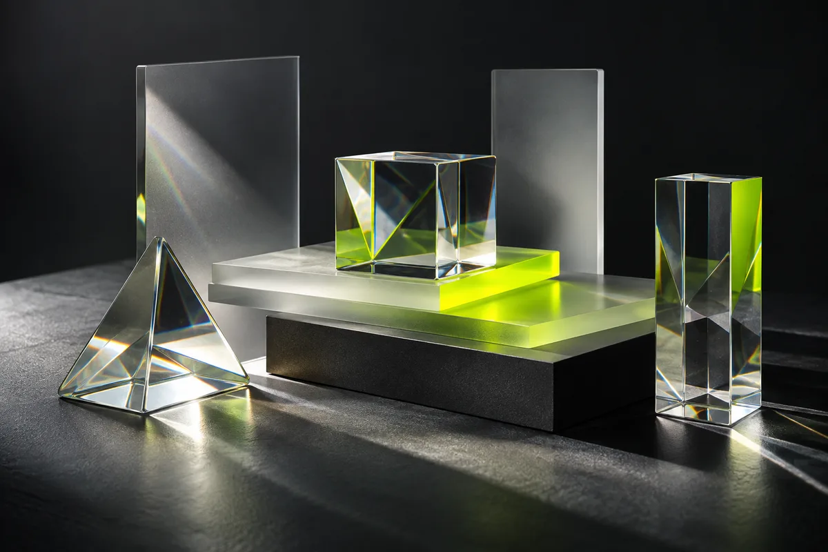 Concept imagery of glass panels and chartreuse accents on a charcoal background